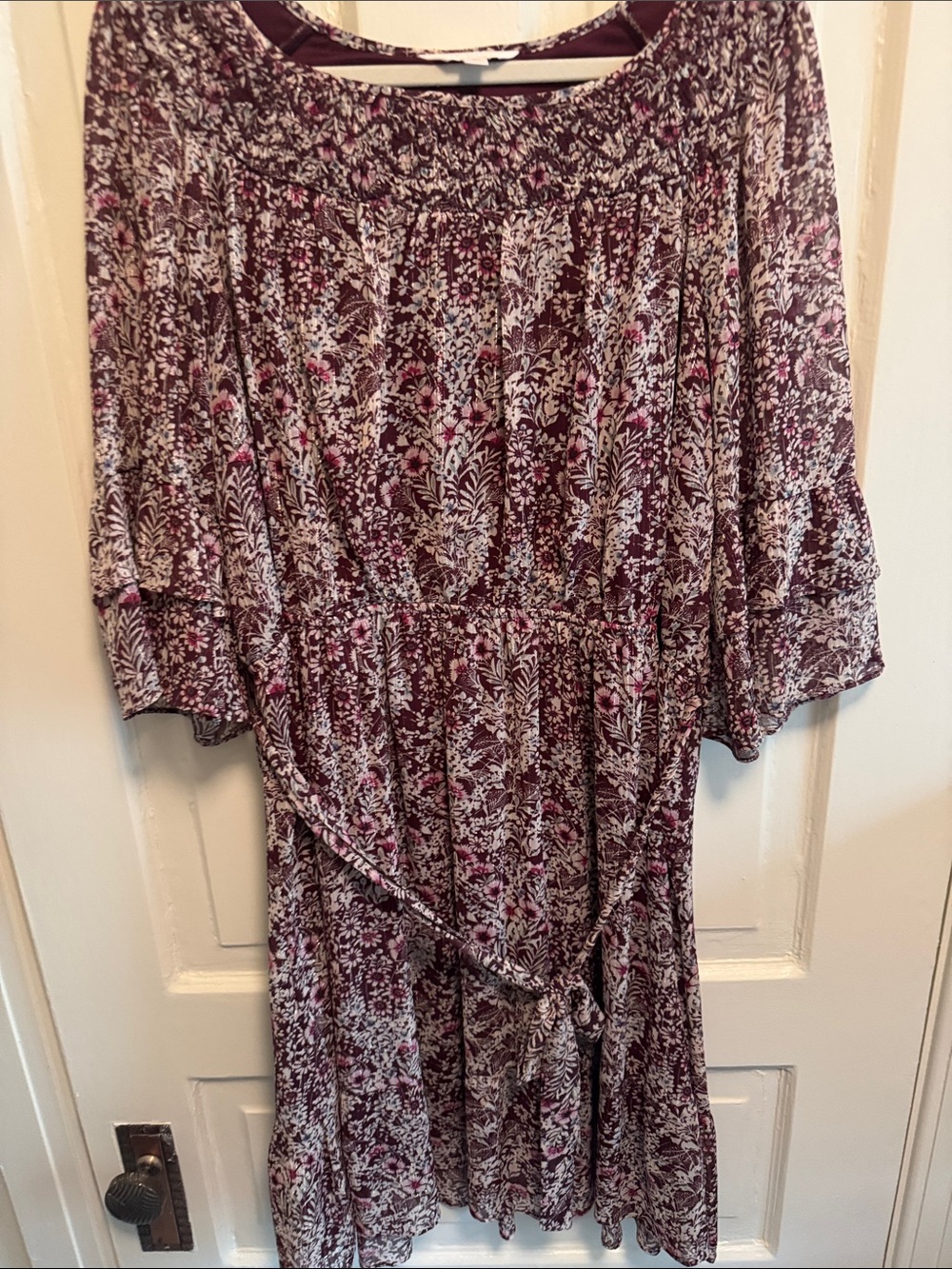 Floral Boho Peasant Dress in Wine and Cream